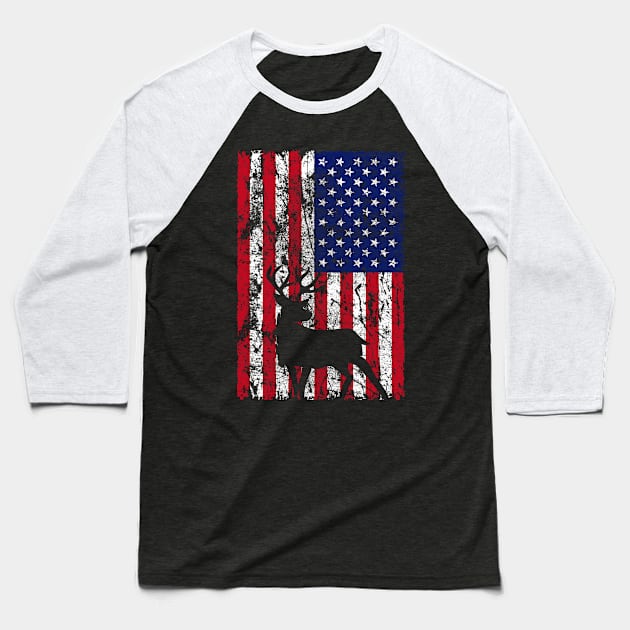 Whitetail Deer Hunting Animal Lover American Flag Baseball T-Shirt by Meow_My_Cat